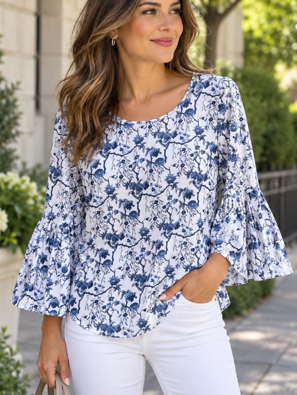 Jane and Bleecker White Blouse with Blue Floral Print and Ruffle Sleeves